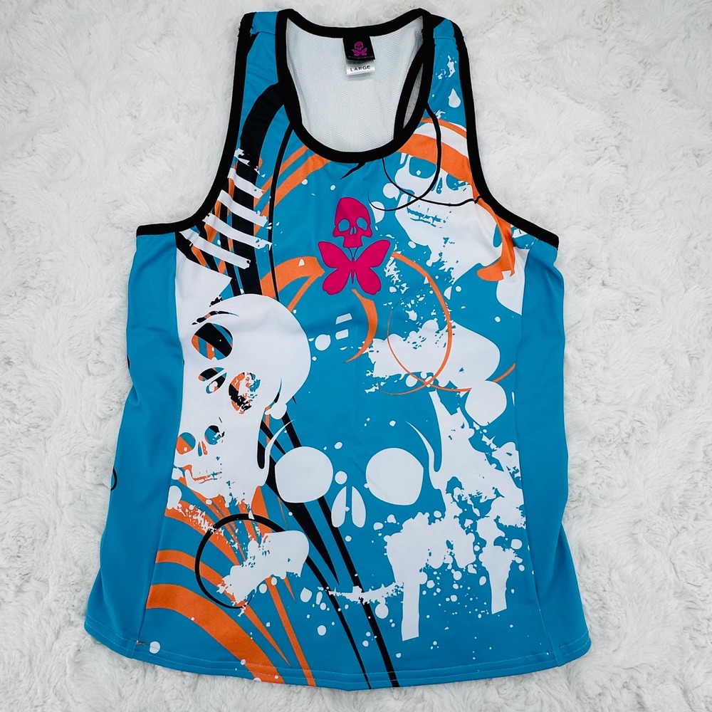 Betty Designs Women‎ Kick Cancer Tri Top Blue Skull Butterfly Racerback Large - Picture 4 of 10
